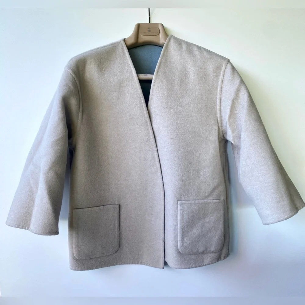 Max Mara Reversible Wool & Angora Short Wrap Coat, Blue & Gray, size It 42, US 6 - Picture 3 of 15